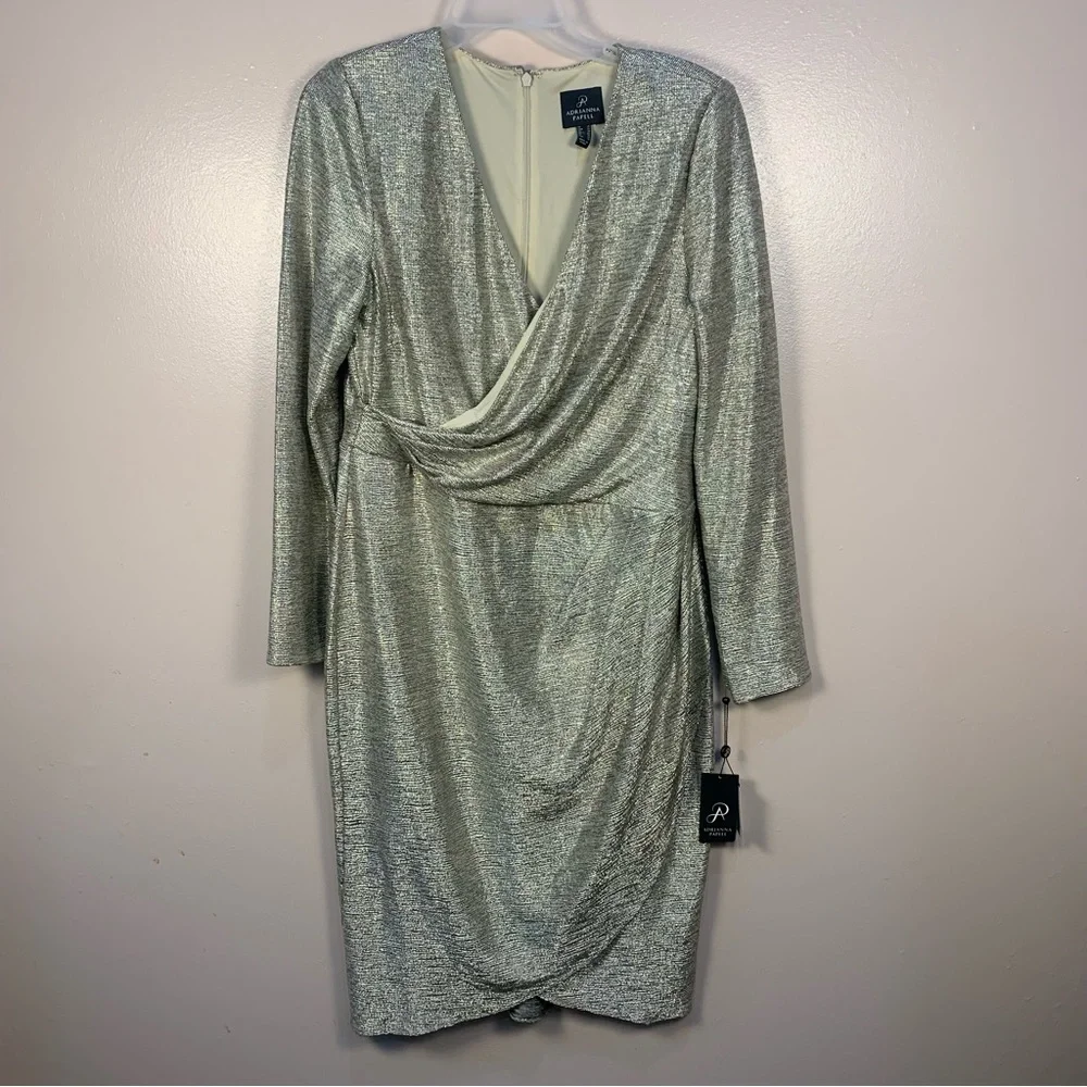 Adriana Papell Metallic Foiled Jersey Wrap Dress - Picture 2 of 13